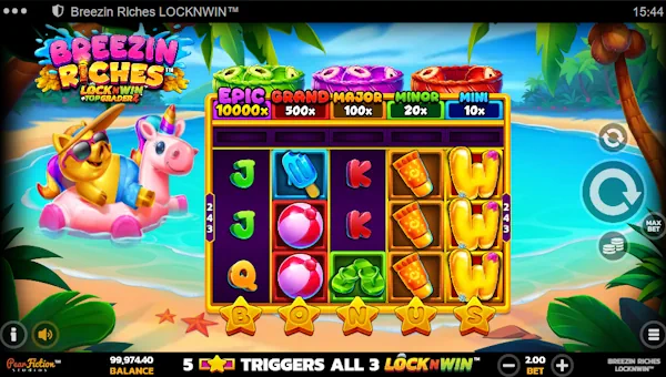 Breezin Riches base game screenshot showing reels and features