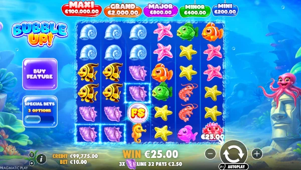 Bubble Up base game screenshot showing reels and features