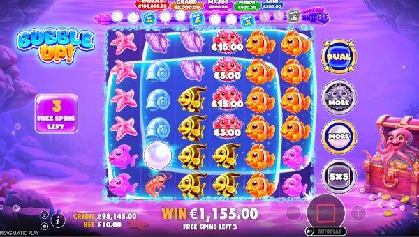 Screenshot of Bubble Up slot demo showing reels and bonus game features