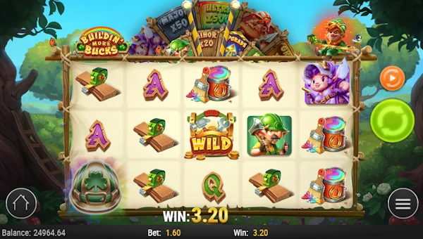 Buildin More Bucks base game screenshot showing reels and features