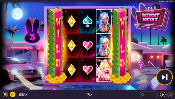 Screenshot of Bunny Heist slot demo showing reels and bonus game features
