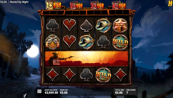 Screenshot of Buried By Night slot demo showing reels and bonus game features
