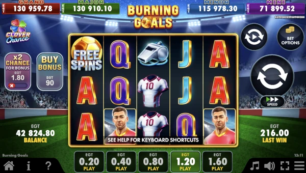 Burning Goals base game screenshot showing reels and features