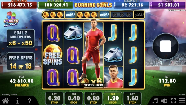 Screenshot of Burning Goals slot demo showing reels and bonus game features
