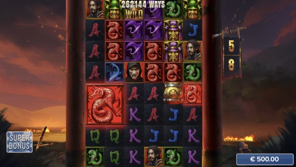 Screenshot of Bushido Gold slot demo showing reels and bonus game features