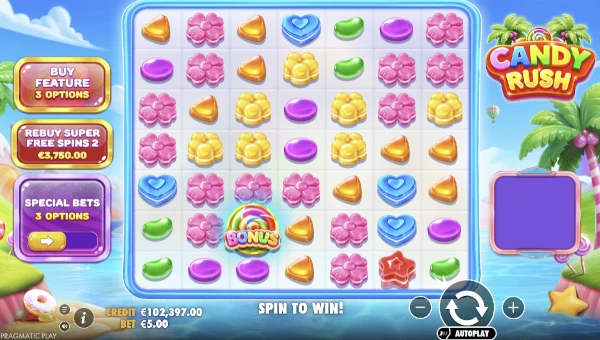 Candy Rush base game screenshot showing reels and features