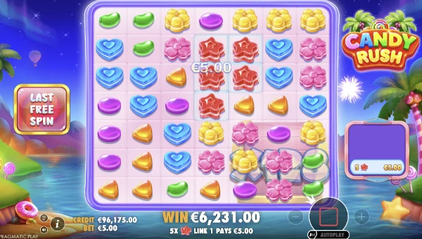 Screenshot of Candy Rush slot demo showing reels and bonus game features