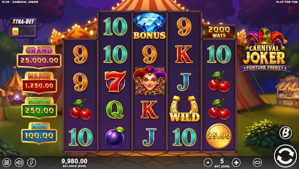 Carnival Joker base game screenshot showing reels and features