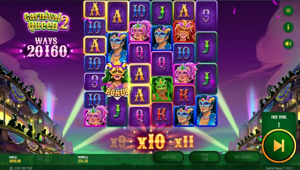 Screenshot of Carnival Queen 2 slot demo showing reels and bonus game features