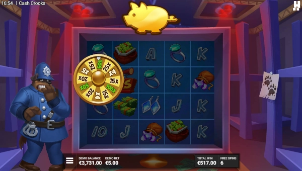 Screenshot of Cash Crooks slot demo showing reels and bonus game features