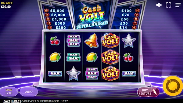 Cash Volt Supercharged base game screenshot showing reels and features