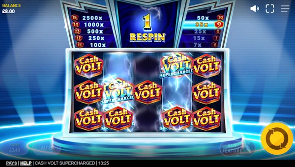 Screenshot of Cash Volt Supercharged slot demo showing reels and bonus game features