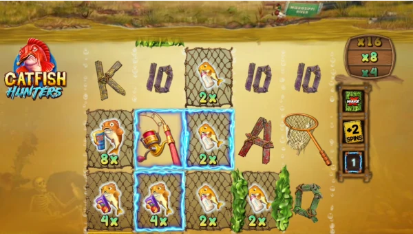Screenshot of Catfish Hunters slot demo showing reels and bonus game features