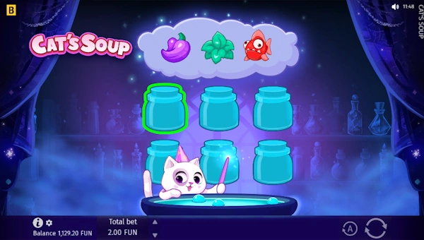 Screenshot of Cats Soup slot demo showing reels and bonus game features