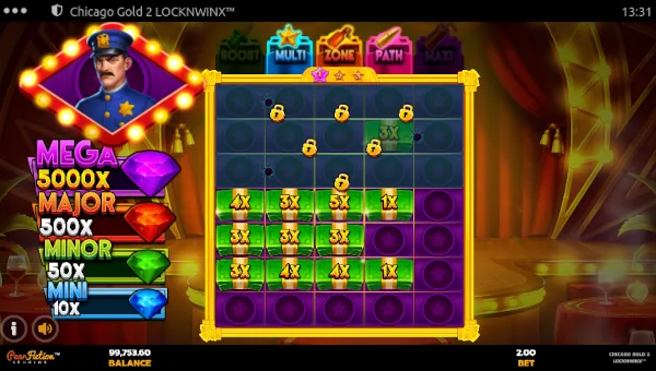Screenshot of Chicago Gold 2 slot demo showing reels and bonus game features
