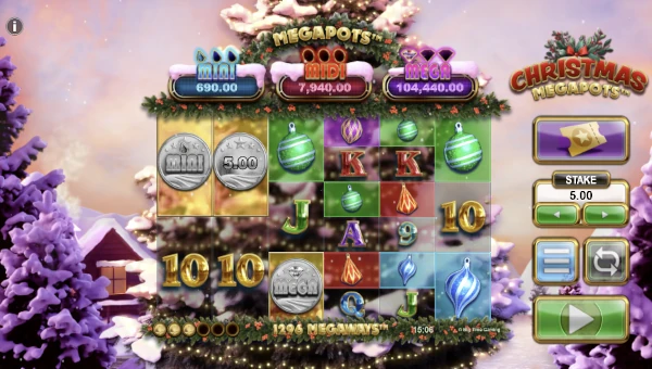 Christmas Megapots base game screenshot showing reels and features