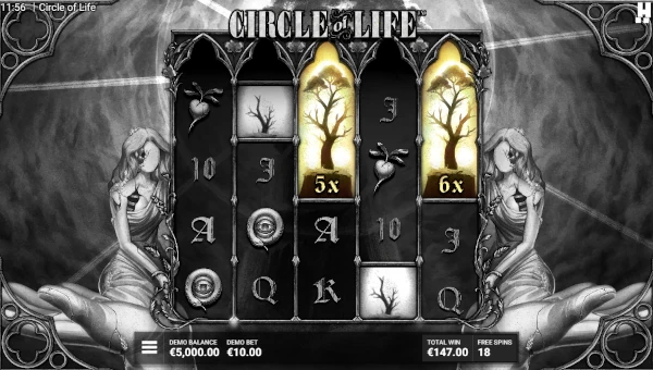 Screenshot of Circle of Life slot demo showing reels and bonus game features