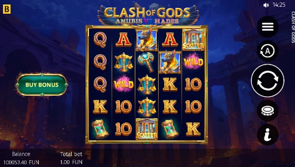 Clash of Gods Anubis vs Hades base game screenshot showing reels and features