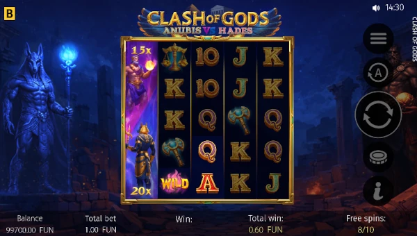 Screenshot of Clash of Gods Anubis vs Hades slot demo showing reels and bonus game features