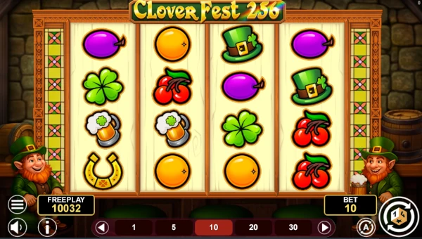 Clover Fest 256 base game screenshot showing reels and features