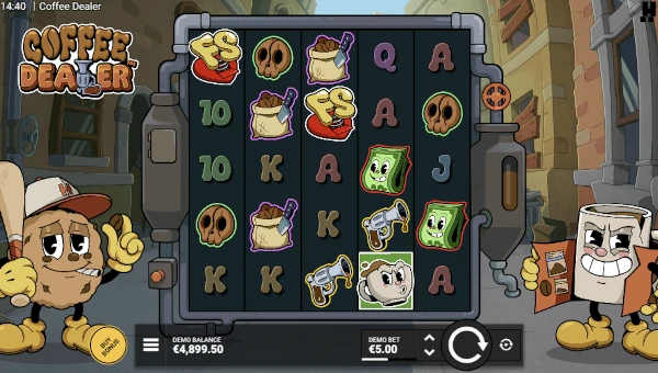 Coffee Dealer base game screenshot showing reels and features