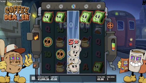 Screenshot of Coffee Dealer slot demo showing reels and bonus game features