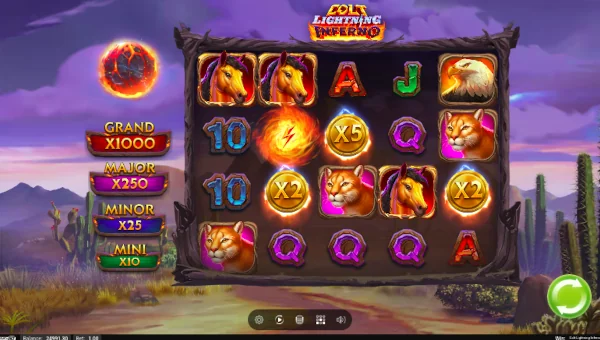 Colt Lightning Inferno base game screenshot showing reels and features
