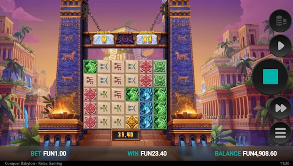 Screenshot of Conquer Babylon slot demo showing reels and bonus game features