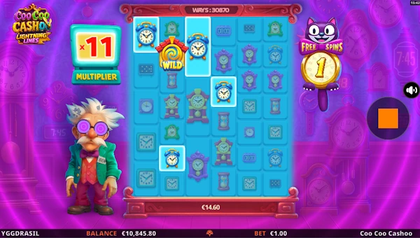 Screenshot of Coo Coo Cashoo slot demo showing reels and bonus game features