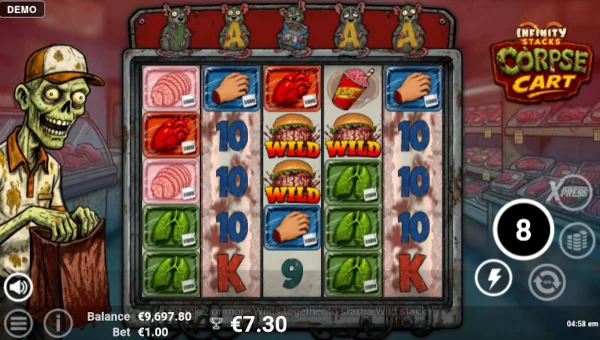 Screenshot of Corpse Cart slot demo showing reels and bonus game features