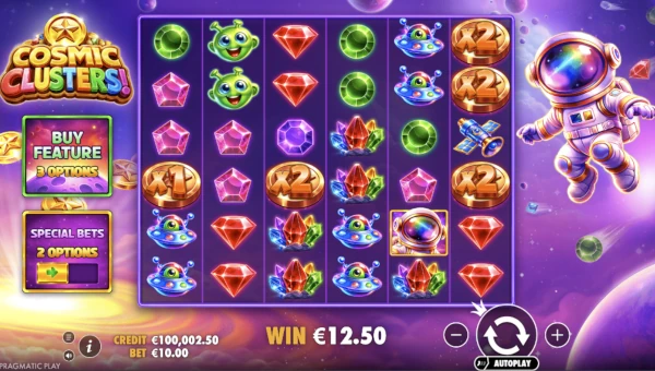 Cosmic Clusters base game screenshot showing reels and features