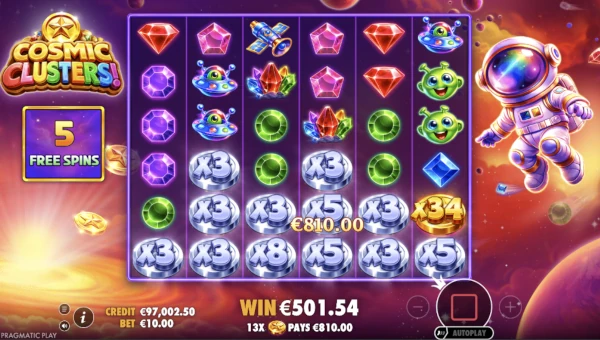 Screenshot of Cosmic Clusters slot demo showing reels and bonus game features