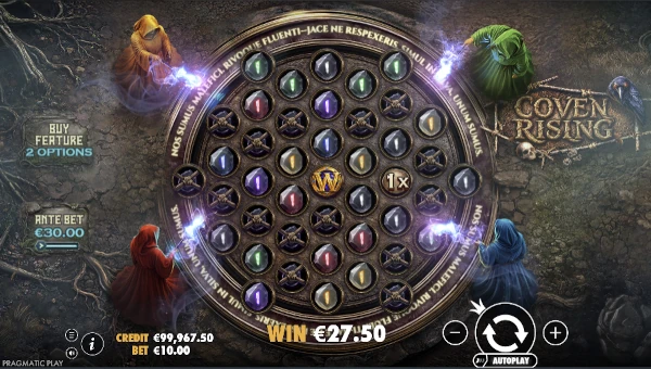 Coven Rising base game screenshot showing reels and features