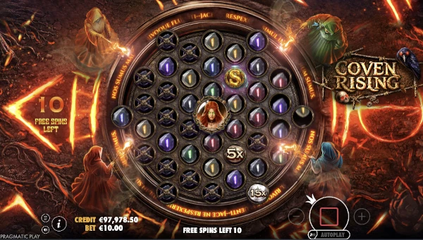 Screenshot of Coven Rising slot demo showing reels and bonus game features