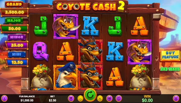 Coyote Cash 2 base game screenshot showing reels and features