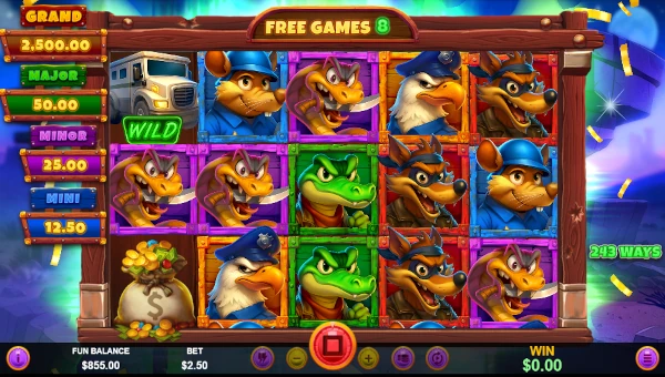 Screenshot of Coyote Cash 2 slot demo showing reels and bonus game features