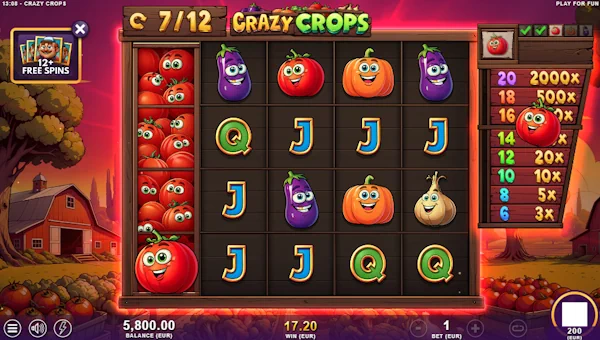 Screenshot of Crazy Crops slot demo showing reels and bonus game features