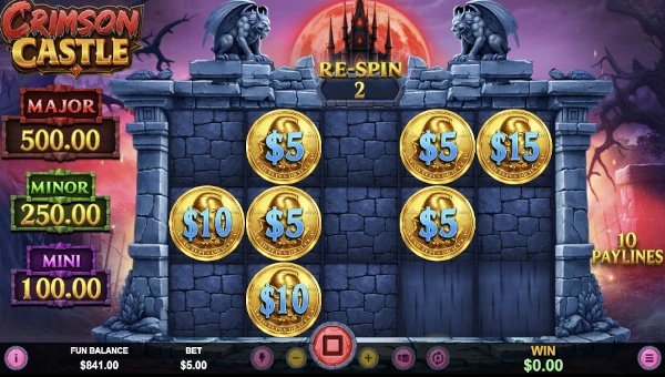 Screenshot of Crimson Castle slot demo showing reels and bonus game features