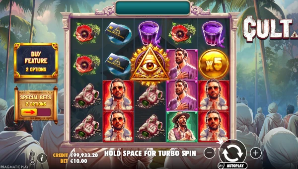 Cult base game screenshot showing reels and features