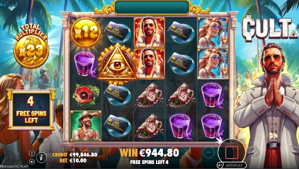 Screenshot of Cult slot demo showing reels and bonus game features