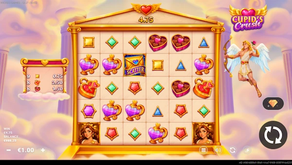 Cupids Crush base game screenshot showing reels and features