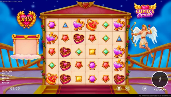 Screenshot of Cupids Crush slot demo showing reels and bonus game features