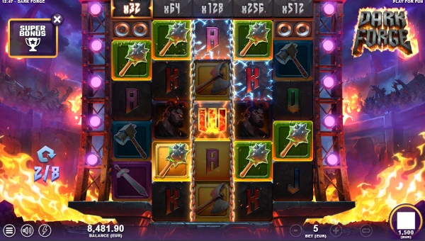 Screenshot of Dark Forge slot demo showing reels and bonus game features