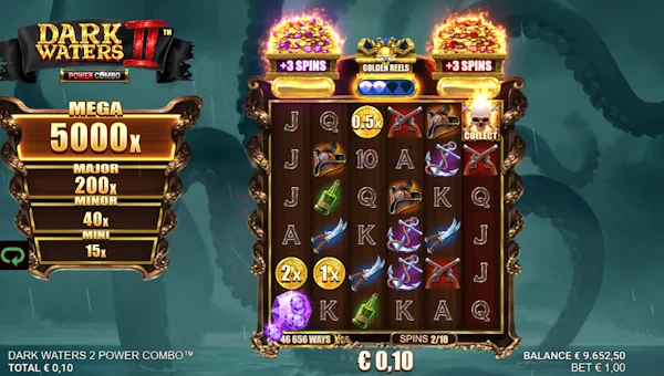 Screenshot of Dark Waters 2 Power Combo slot demo showing reels and bonus game features