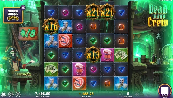 Screenshot of Dead Mans Crew slot demo showing reels and bonus game features