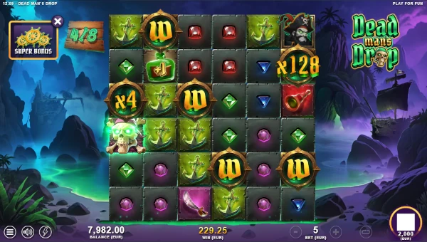 Screenshot of Dead Mans Drop slot demo showing reels and bonus game features