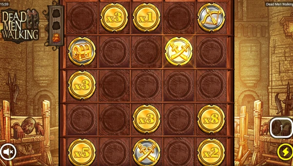 Screenshot of Dead Men Walking slot demo showing reels and bonus game features