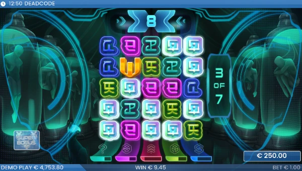 Screenshot of Deadcode slot demo showing reels and bonus game features