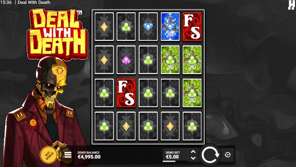 Deal With Death base game screenshot showing reels and features