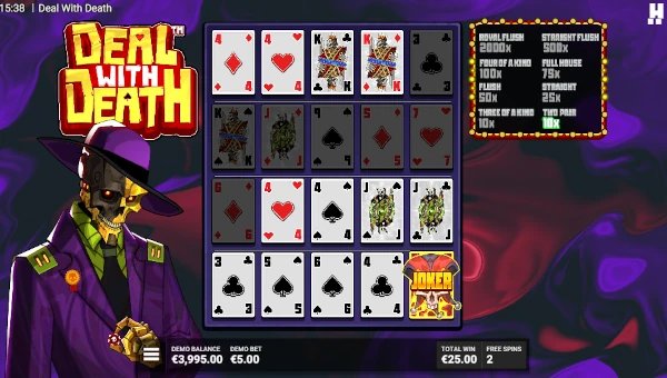 Screenshot of Deal With Death slot demo showing reels and bonus game features